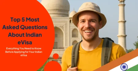 Smiling Western tourist in front of the Taj Mahal with text overlay 'Top 5 Most Asked Questions About Indian eVisa' and Indian flag design in the corner.