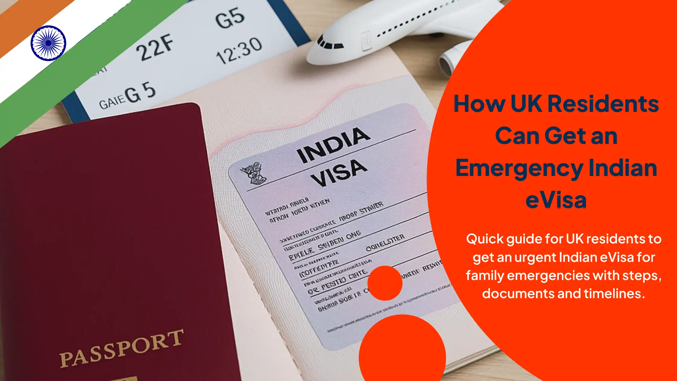 Passport and India visa with a flight boarding pass representing urgent Indian eVisa process for UK residents during family emergencies.