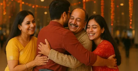 Indian family joyfully hugging at the airport during festive season reunion after arriving home with an eVisa to India.