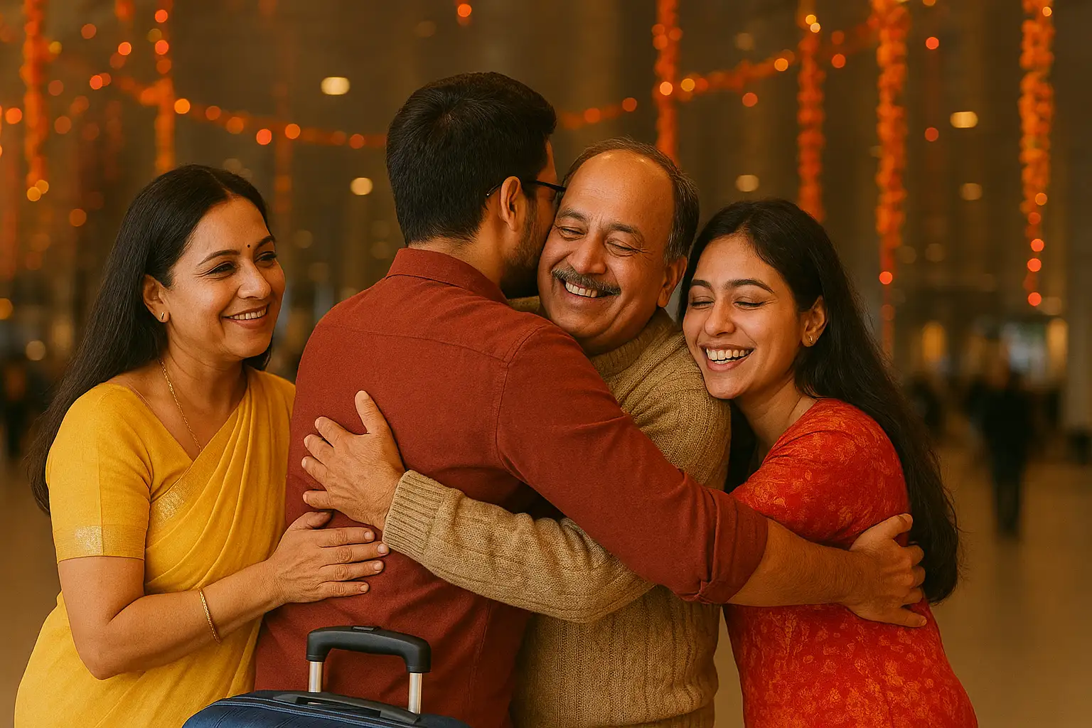 Indian family joyfully hugging at the airport during festive season reunion after arriving home with an eVisa to India.
