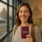 A smiling traveler at an airport holding her India eVisa to india, document with the Taj Mahal visible in the background