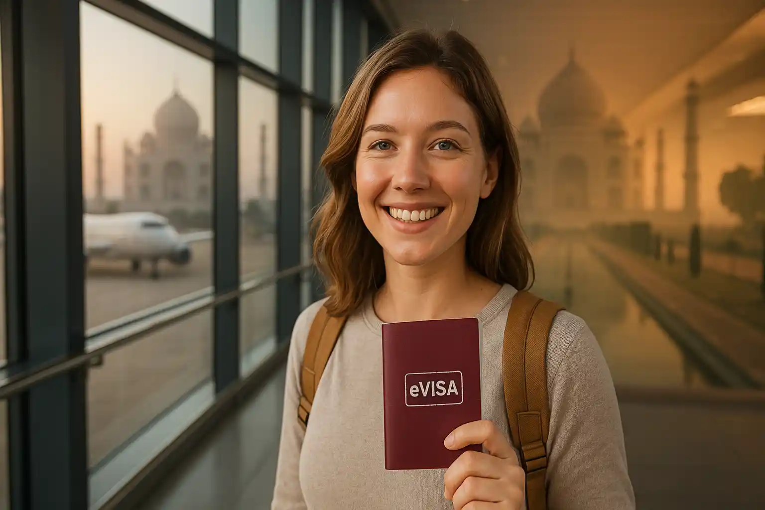 A smiling traveler at an airport holding her India eVisa to india, document with the Taj Mahal visible in the background