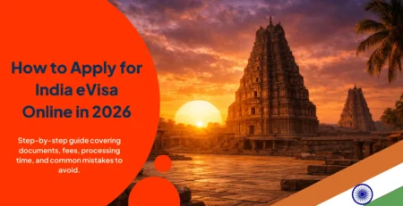 How to apply for India eVisa online in 2026 with temple at sunrise representing Indian travel destinations
