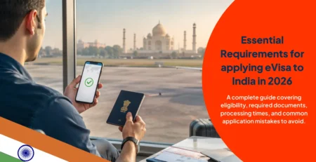 Complete India eVisa application process showing traveler with passport and digital visa approval at airport before traveling to India.