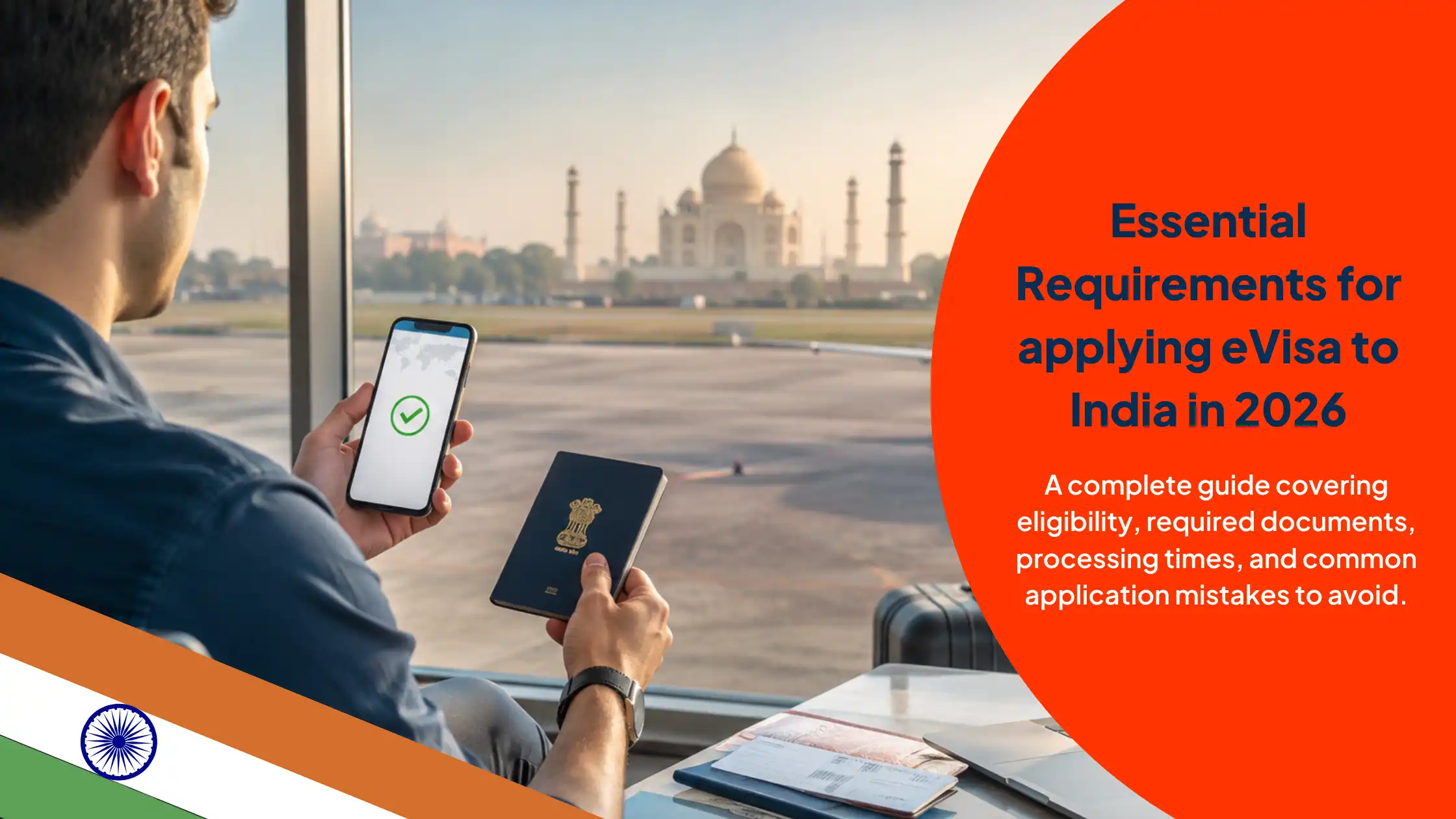 Complete India eVisa application process showing traveler with passport and digital visa approval at airport before traveling to India.
