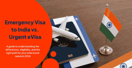Emergency Visa to India vs. Urgent eVisa comparison showing a passport, model plane, and Indian flag, helping travelers choose the correct visa application path for 2026