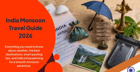 India Monsoon Travel Guide with India eVisa, passport, umbrella, waterproof travel pouch, and popular monsoon destinations on a vintage map