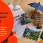 India Monsoon Travel Guide with India eVisa, passport, umbrella, waterproof travel pouch, and popular monsoon destinations on a vintage map