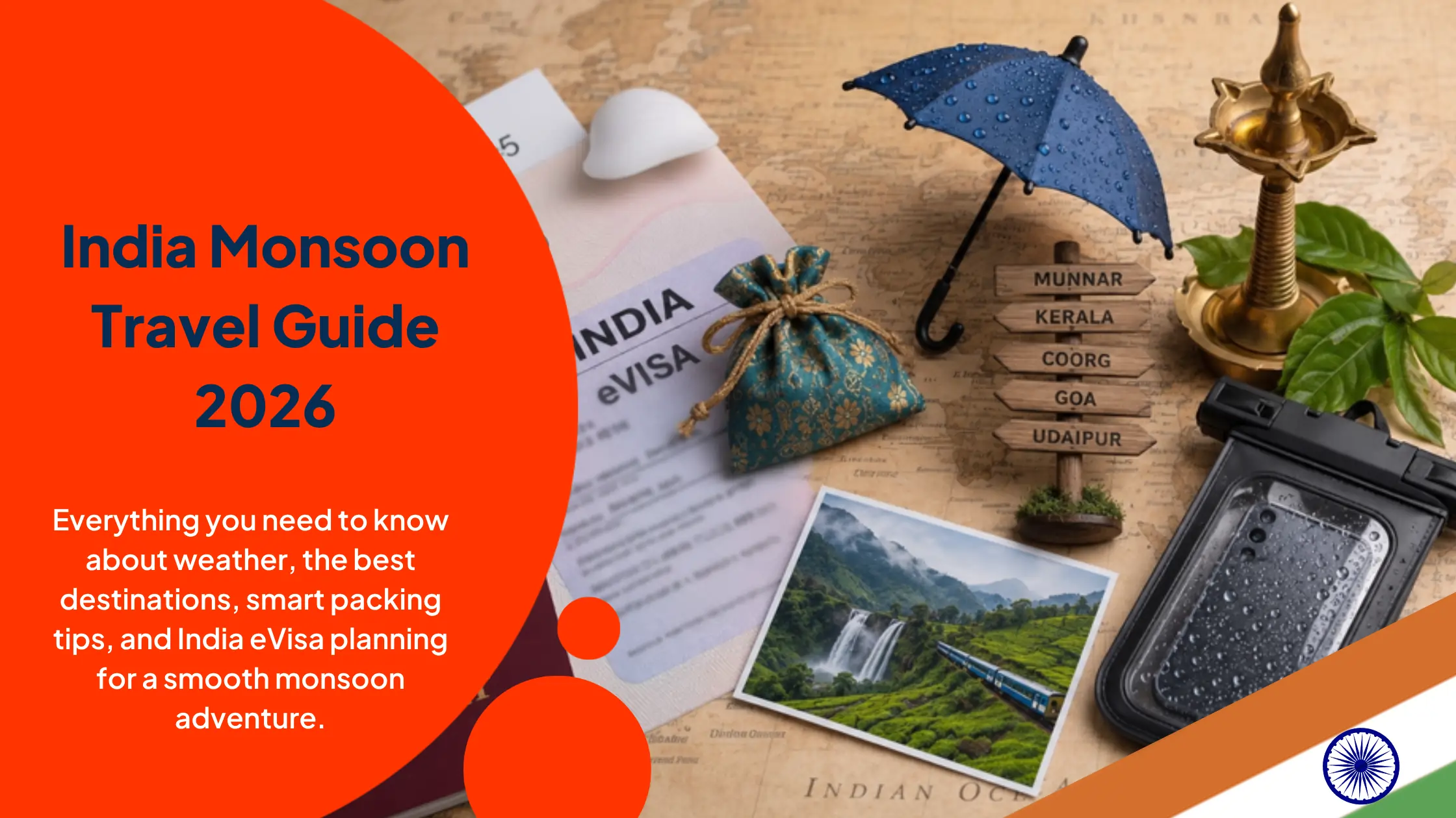 India Monsoon Travel Guide with India eVisa, passport, umbrella, waterproof travel pouch, and popular monsoon destinations on a vintage map